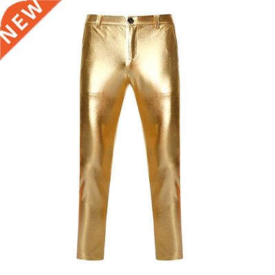 Motorcycle PU Leather Pants Men Brand Skinny Shiny Gold Coat