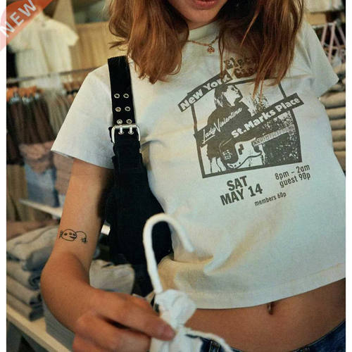90s Vintage Guit Crop Top Women Summer Round Neck Short Sl