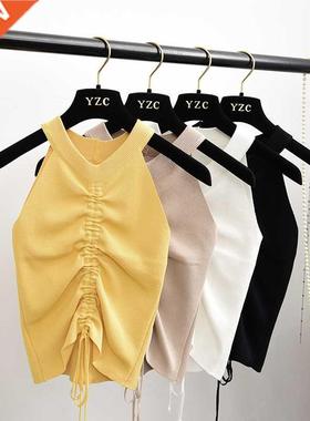 Stretchable Knit V Neck Crop Camis Tops Summer Women Solid C