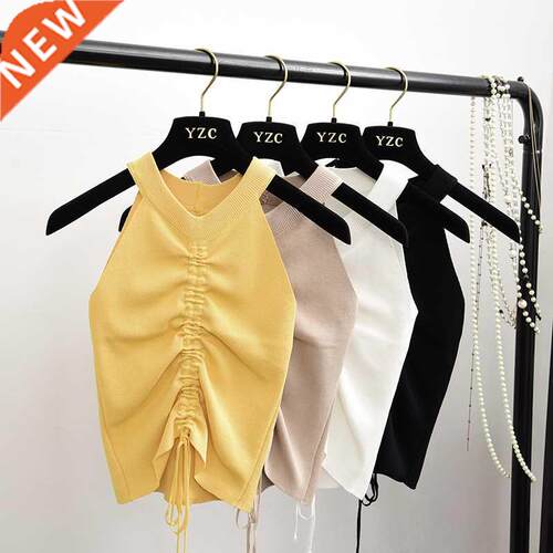 Stretchable Knit V Neck Crop Camis Tops Summer Women Solid C