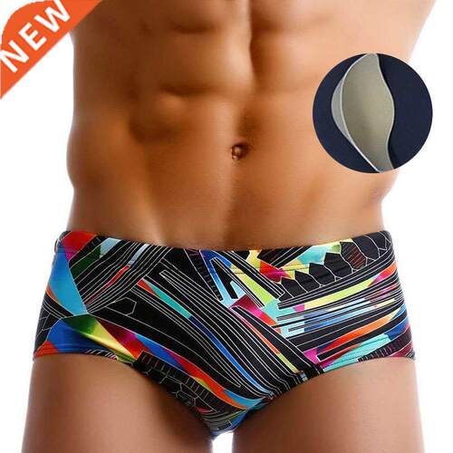 New Swimsuit Geometric Color Padded Men	s Swim Briefs