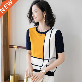 2022 Ice Silk Short Sleeve Women Cotton Pullover Striped Gri