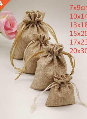 5-20pcs/lot Natural Linen Burlap Bag Jute Gift Bag Drawstrin
