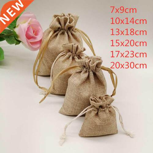 5-20pcs/lot Natural Linen Burlap Bag Jute Gift Bag Drawstrin