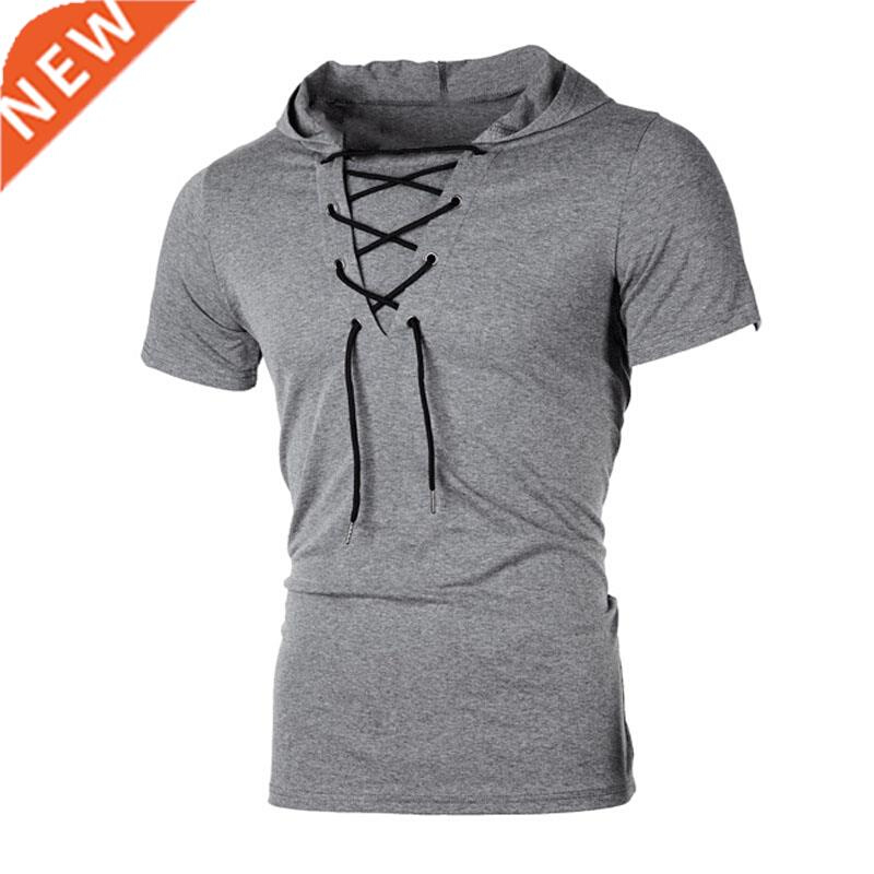 2022 Men T Shirt Summer Personality Hooded Tees Lacing Short
