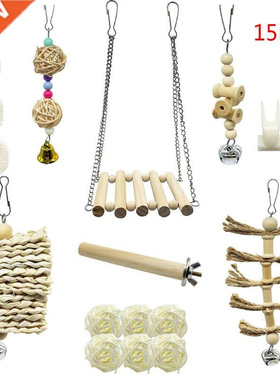 15Pcs/Set Pet Parrot Wooden Swing Chewing Toys Hanging Bell