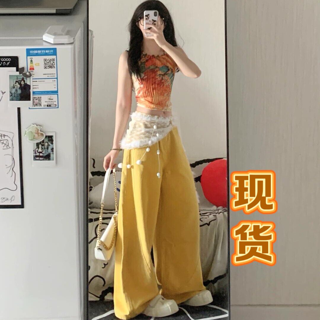 美式复古树叶黄阔腿牛仔裤女2025春新款慵懒感宽松显瘦直筒拖地裤