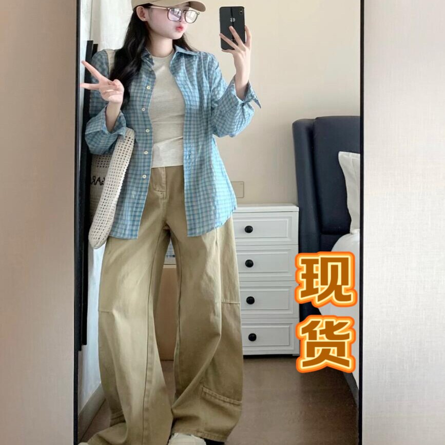 宋~正恩同款卡其色阔腿牛仔裤女美式复古设计感拼接宽松直筒裤子