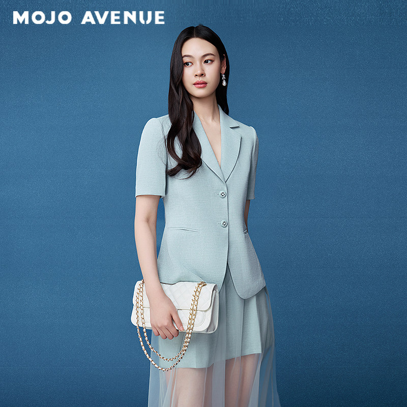 朗姿/MOJOAVENUE夏新品2026静奢高级感西装外套蓝色通勤短袖上衣