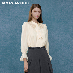 朗姿/MOJO秋新品2026宫廷优雅蕾丝小立领雪纺衬衫女飘带长袖上衣