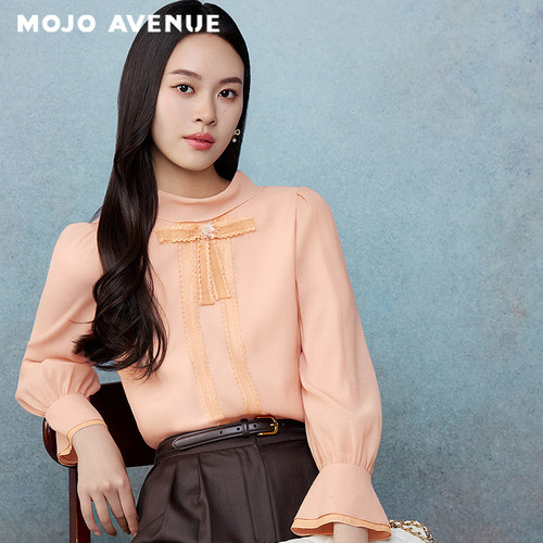 朗姿/MOJO秋新品2026千金粉橙色蕾丝蝴蝶结衬衫女元宝领长袖上衣
