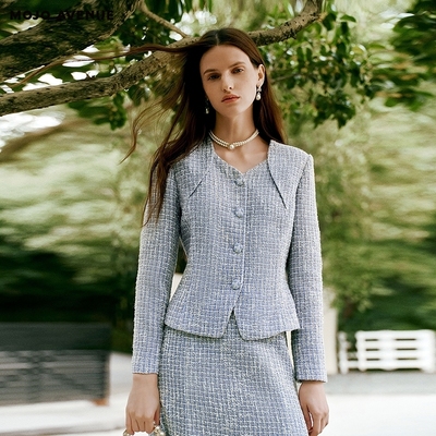 朗姿/MOJO AVENUE莫佐2026春新品名媛小香风外套女雾霾蓝收腰立体