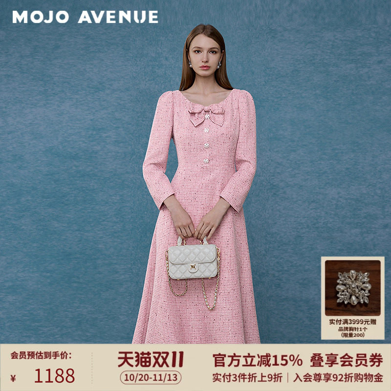 朗姿/MOJO莫佐2026秋新品小香风千金名媛连衣裙优雅蝴蝶结A字长裙
