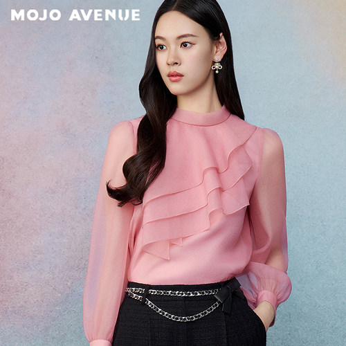 朗姿/MOJO秋新品2026柔光粉韵不规则荷叶领衬衫法式轻薄雪纺上衣