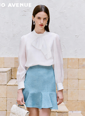 朗姿/MOJO莫佐2026春新品优雅泡泡袖衬衫时尚立领奶白色通勤上衣