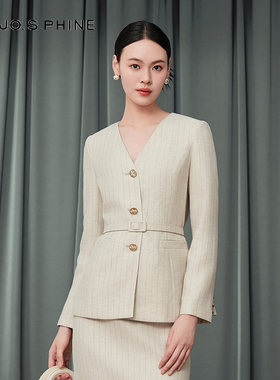 【舒心】朗姿/MOJO莫佐2025秋新款v领条纹西装女老钱利落收腰