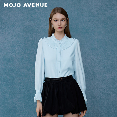 朗姿/MOJO秋新品2026宫廷艺术感法式木耳边立领衬衫蓝色通勤约会