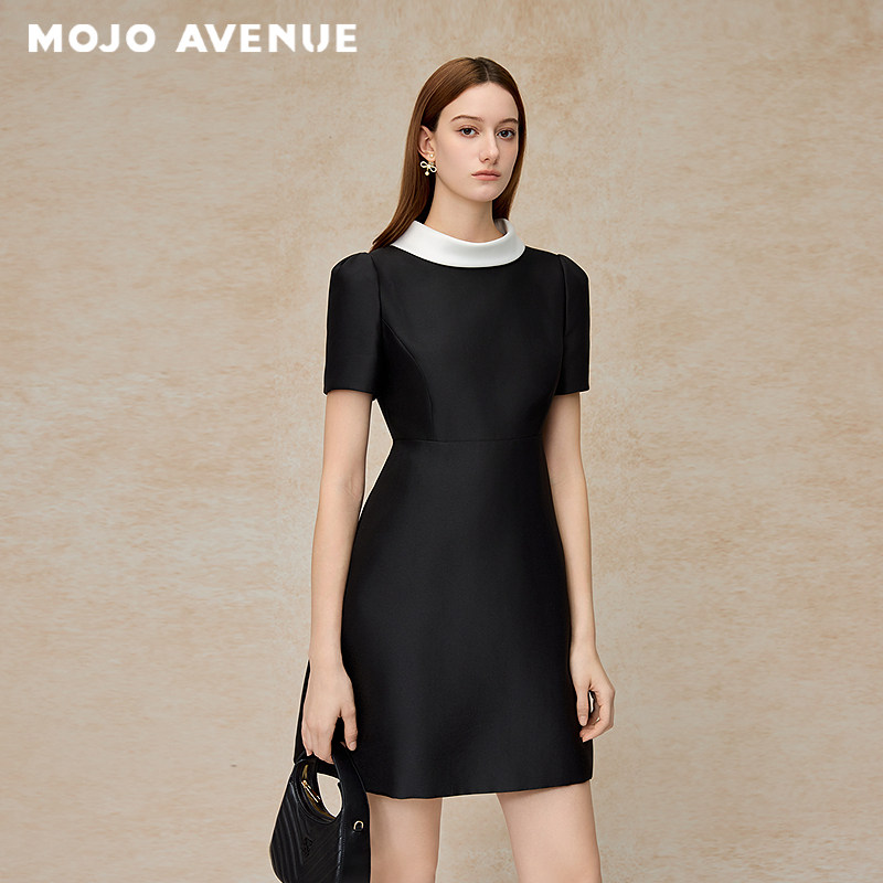 朗姿/MOJOAVENUE夏新品2026千金连衣裙设计感翻领立体收腰小黑裙图片