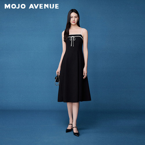 朗姿/MOJO AVENUE夏新品2026优雅黑白撞色吊带裙蝴蝶结A摆连衣裙