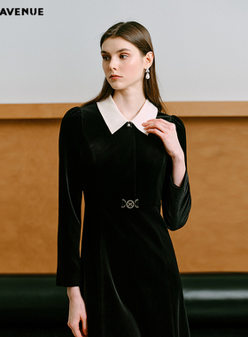 MOJO AVENUE莫佐2025冬新款法式优雅丝绒连衣裙女黑白撞色经典小