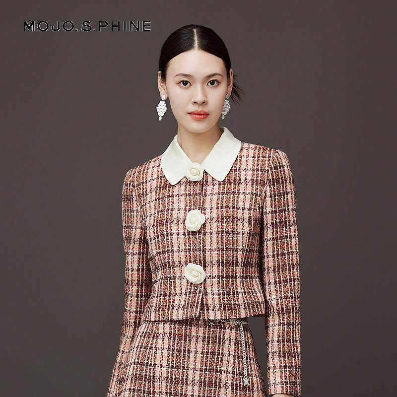 MOJO莫佐2025秋冬新品法式复古格纹粗花呢短外套女千金感收腰上衣