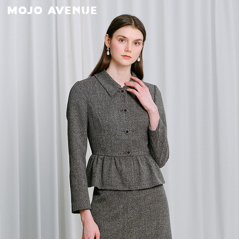 朗姿/MOJO AVENUE莫佐2025秋冬新品静奢风粗花呢西装短外套女荷叶