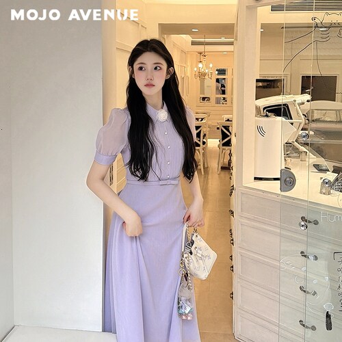 朗姿MOJO千金雪纺法式温柔浅紫风琴褶收腰连衣裙26夏新品仙女裙子