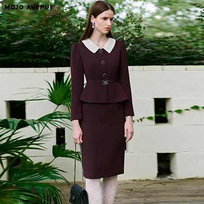 朗姿/MOJO莫佐2026春新品复古优雅假两件连衣裙荷叶边直筒包臀裙