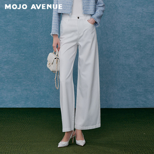 朗姿/MOJO秋新品2026简约高腰阔腿牛仔裤白色日常通勤百搭长裤