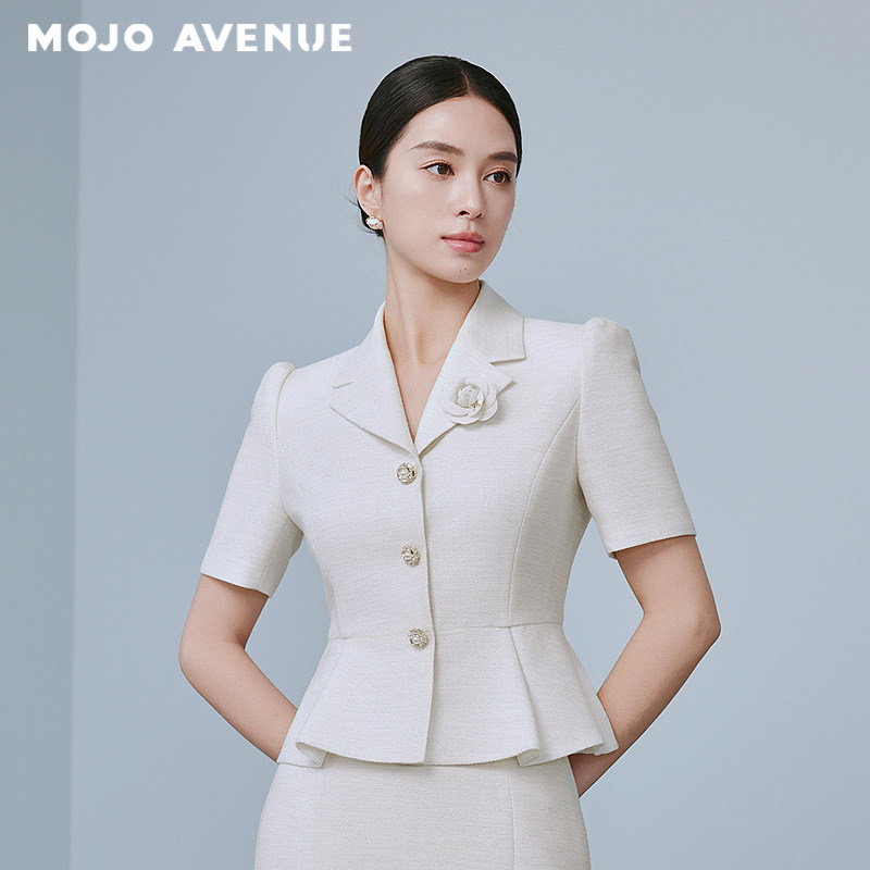 朗姿/MOJO AVENUE时尚简约短外套夏新品优雅浪漫荷叶边修身上衣