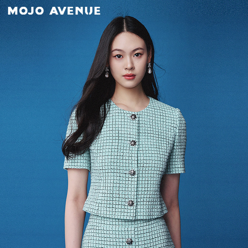 朗姿/MOJO AVENUE夏新品2026千金感薄荷绿千鸟格小香风短外套短袖