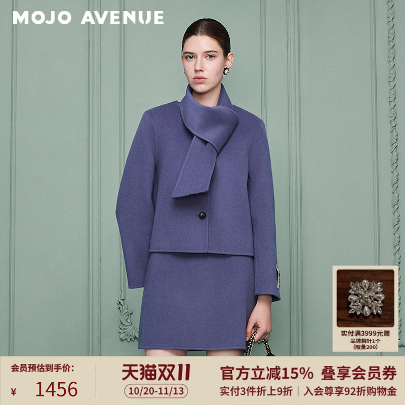 【绵羊毛100%】朗姿/MOJO冬新品2026围巾短款大衣小香风毛呢外套