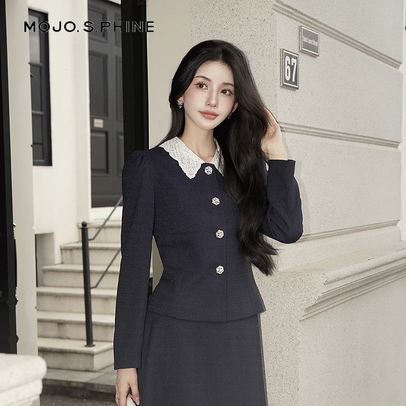MOJO莫佐2025秋新款玛德琳法式简约通勤蕾丝拼接短外套长袖套装女
