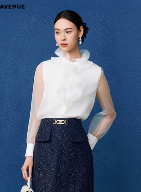 朗姿/MOJO莫佐2026春季新品法式浪漫宫廷风衬衫女欧根纱荷叶边