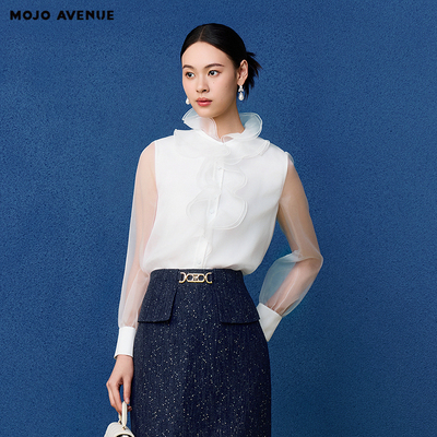 朗姿/MOJO莫佐2026春季新品法式浪漫宫廷风衬衫女欧根纱荷叶边