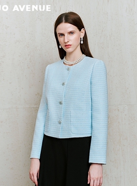 朗姿/MOJO莫佐2026春新品法式优雅小香粗花呢短外套水蓝精致通勤