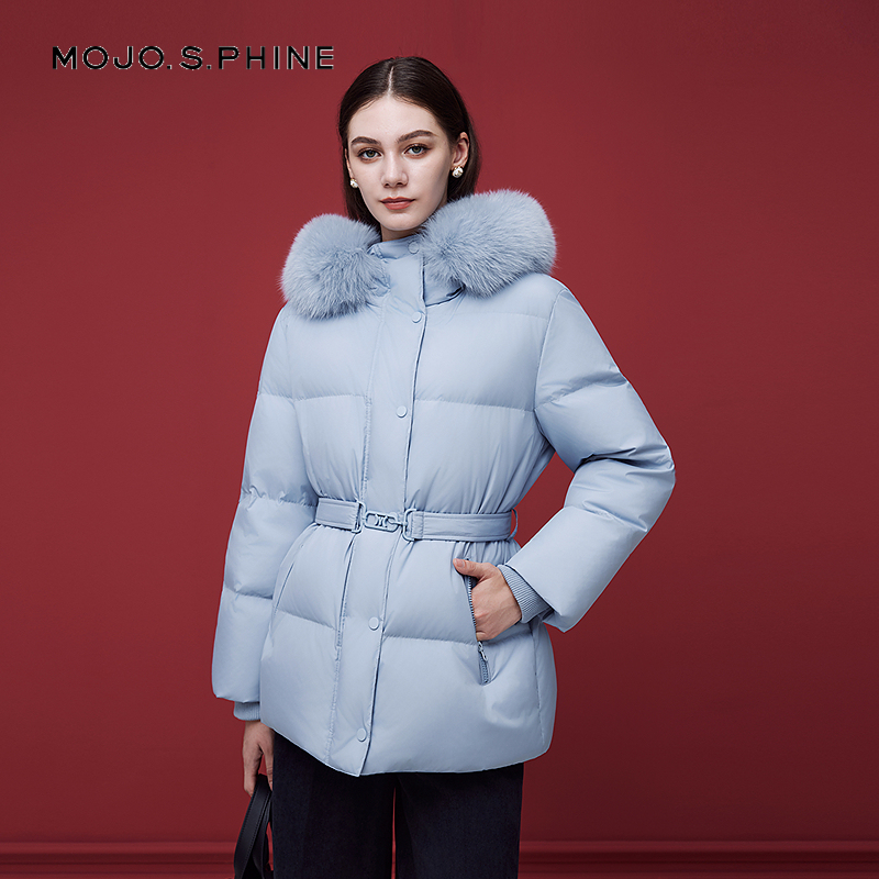 MOJO莫佐冰河蓝色连帽羽绒服2025年新款鹅绒设计时尚保暖外套女