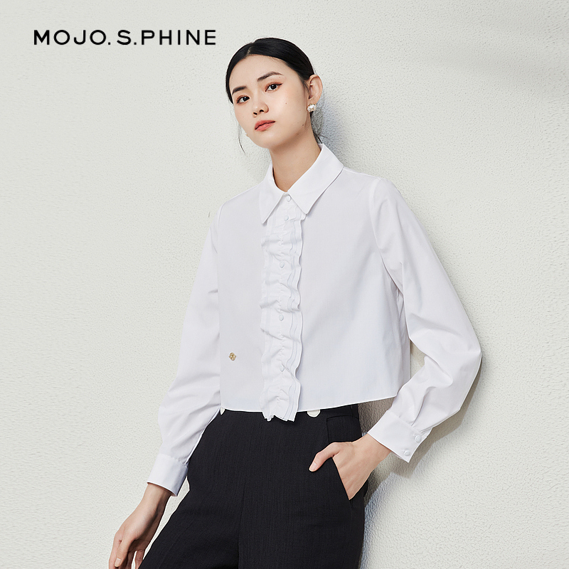 MOJO荷叶边小翻领白衬衫女