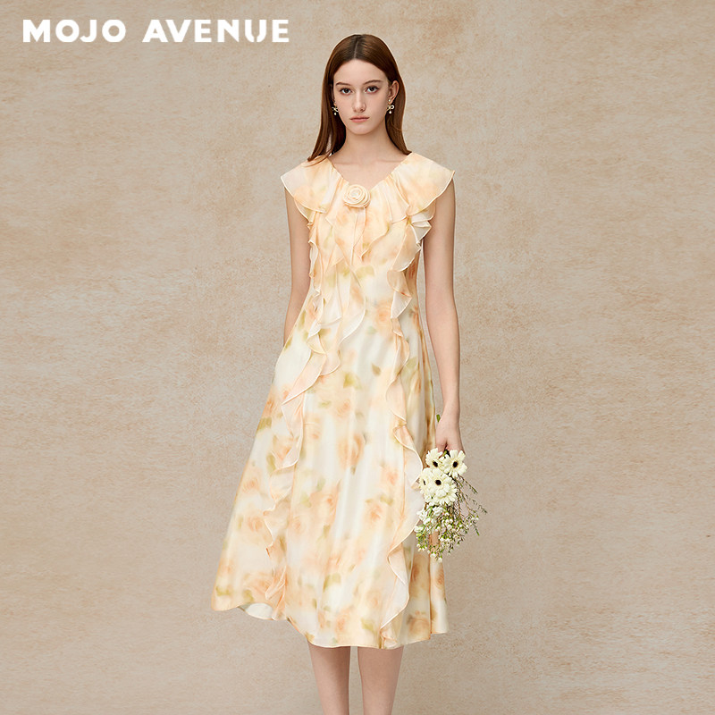 朗姿/MOJO莫佐2026夏新品温柔荷叶边度假碎花连衣裙法式优雅显白