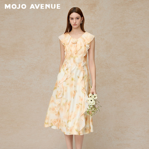 朗姿/MOJO莫佐2026夏新品温柔荷叶边度假碎花连衣裙法式优雅显白