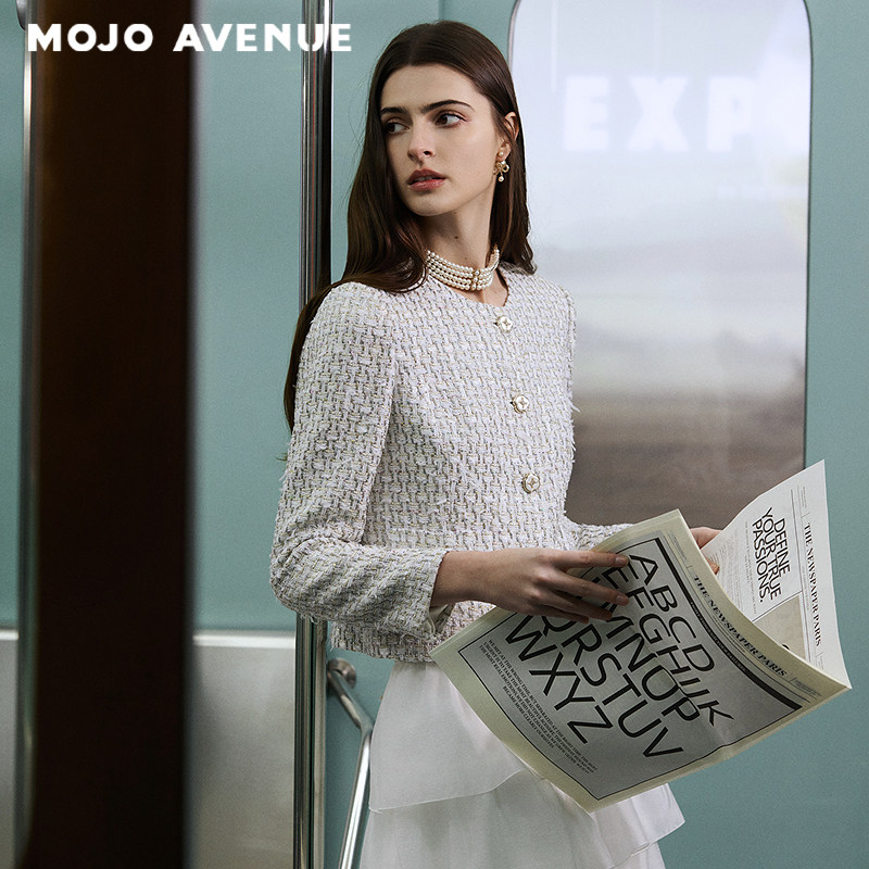 【山茶系列】朗姿/MOJO新品法式复古优雅粗花小香短外套圆领收腰