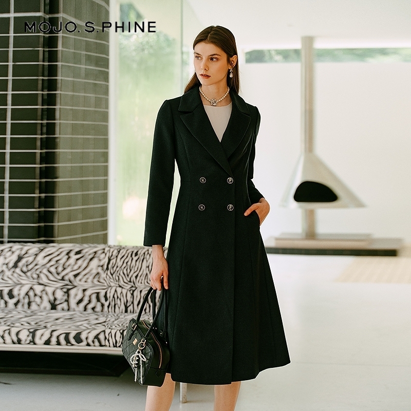MOJO莫佐2025冬新品智感女士中长款大衣高级感灰色收腰双排扣大衣