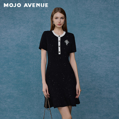 朗姿/MOJO秋新品2026夜幕繁星短袖连衣裙学院风修身撞色休闲A字裙