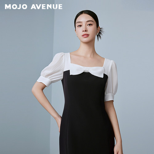 朗姿/MOJO AVENUE莫佐蝴蝶结方领撞色连衣裙2025年新款优雅