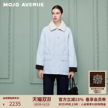 朗姿/MOJO冬新品2026韩系拼色翻领90白鹅绒服菱格纹宽松保暖外套