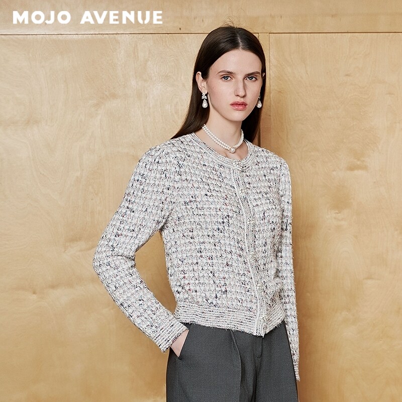 朗姿/MOJO春季新品2026复古粗花呢针织开衫女温柔质感针织上衣