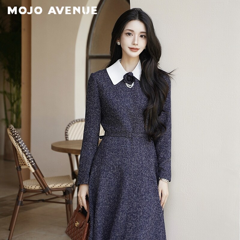 【雾蓝序章】朗姿/MOJO千金香风连衣裙女肌理感优雅收腰A字中长裙图片