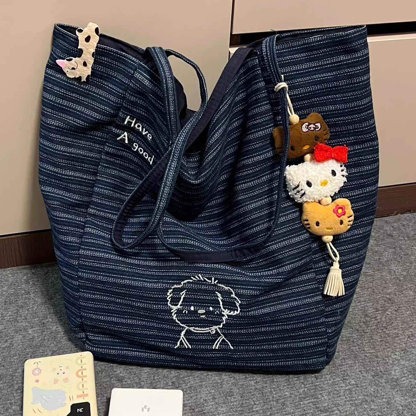 日本代购ballchain小狗牛仔双面托特包大容量百搭通勤单肩帆布包