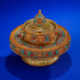 尼泊尔手工曼扎盘全套铜鎏金银掐丝曼扎曼茶盘曼茶罗修盘10.5cm