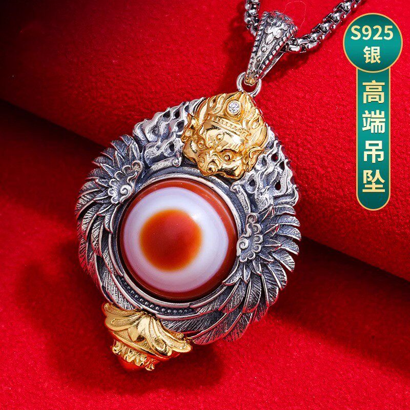 S925纯银镀金镶嵌羊板眼天珠